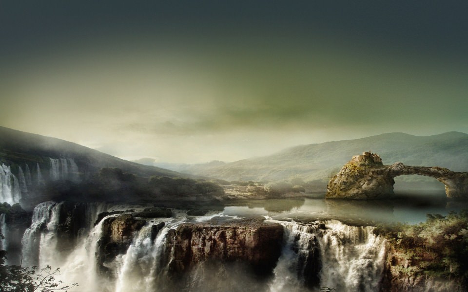 Download Fantasy Waterfall and Mountains wallpaper