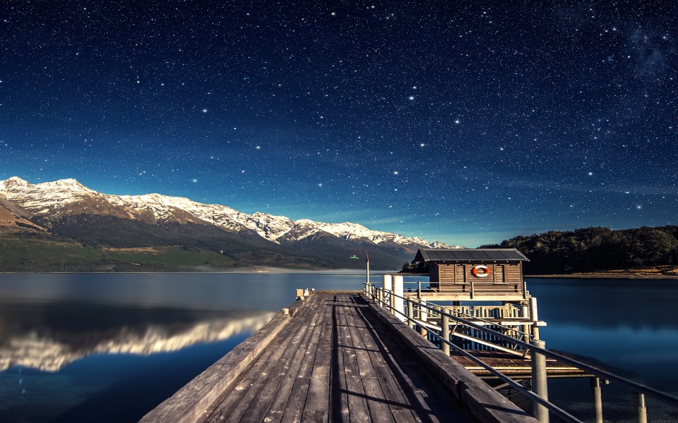 Download Starry Night Sky Lake Peer Wallpaper - GetWalls.io