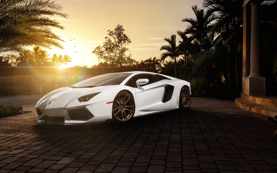 Download Sunset Over White Lamborghini wallpaper