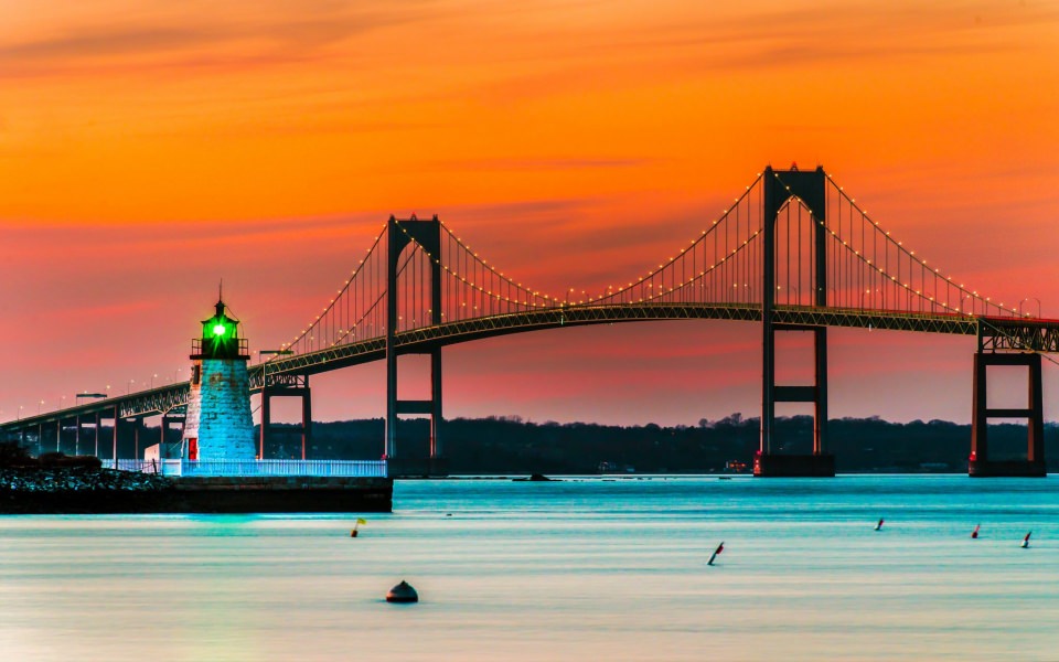 Download Sunset over Lighthouse and Bridge 2020 wallpaper