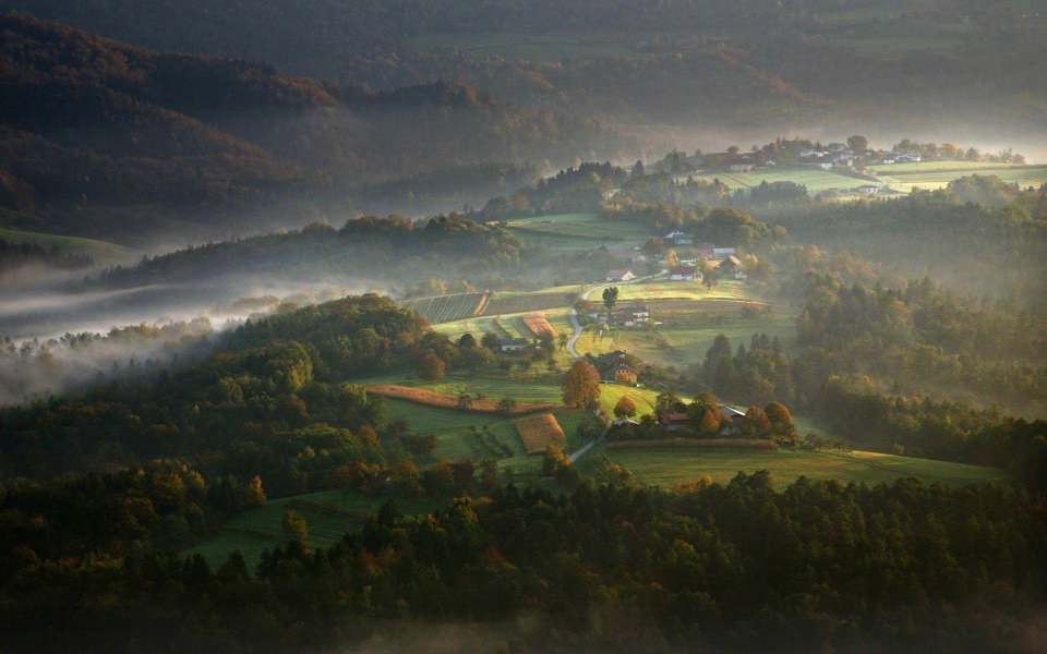Download Mist Landscape Fall Sunrise Villages HD 4K wallpaper
