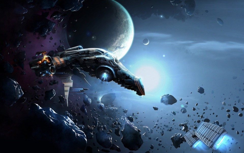 Download Spaceship And Asteroids wallpaper