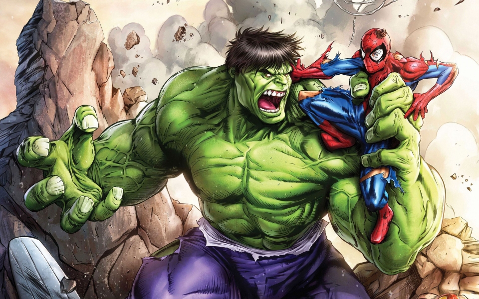 Download Hulk And Spiderman Fighting Comics Digital Art wallpaper