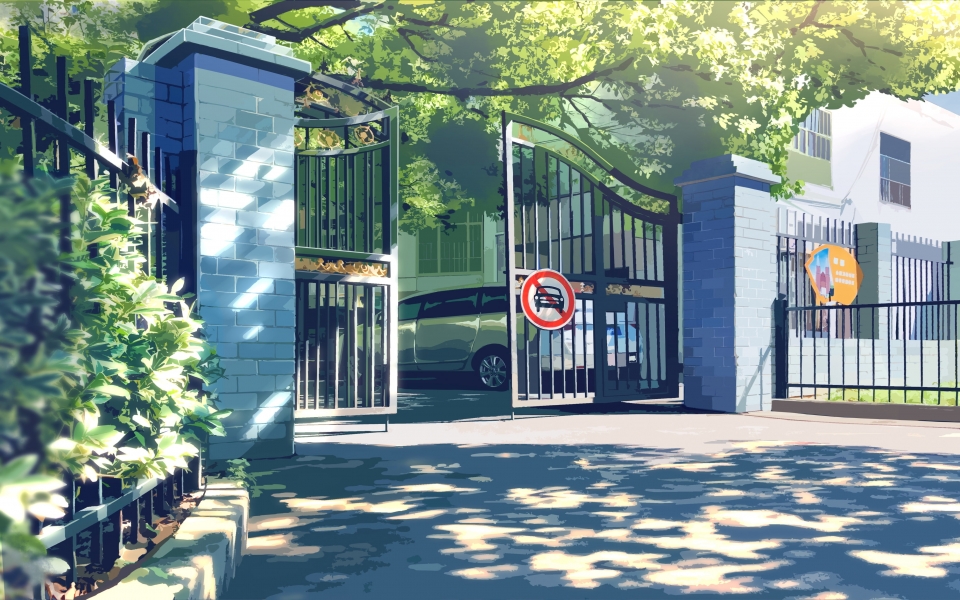 Download anime landscape, street, gate, car, building, scenic, shading, Anime, HD wallpaper wallpaper