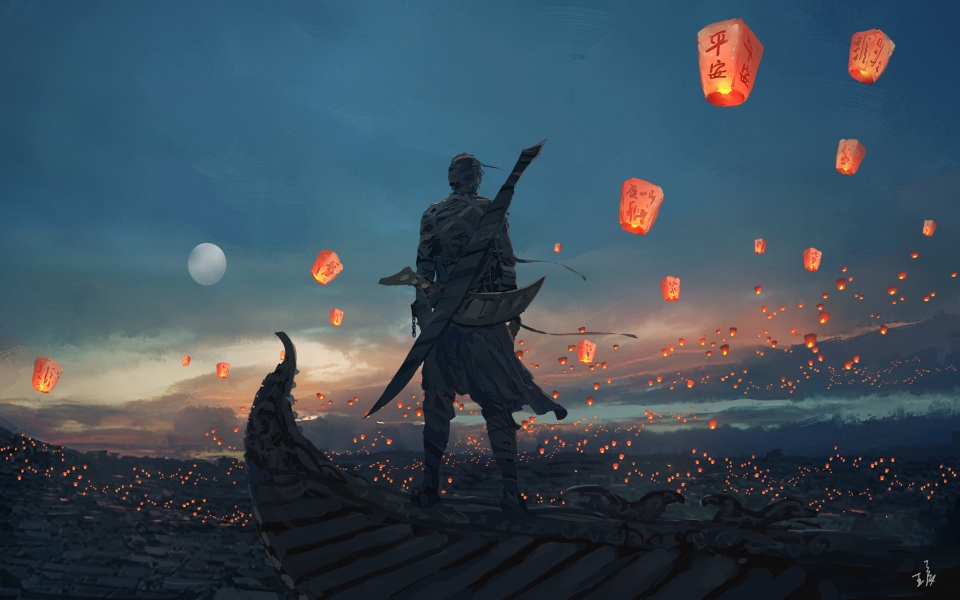 Download Moonlit Fantasy Art HD Wallpaper - Man Holding Sword on Rooftops wallpaper