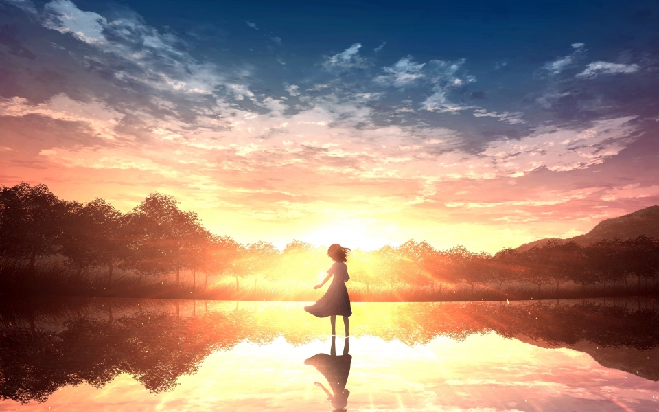 Download Anime Landscape at Sunset with Reflection HD Wallpaper for macbook wallpaper