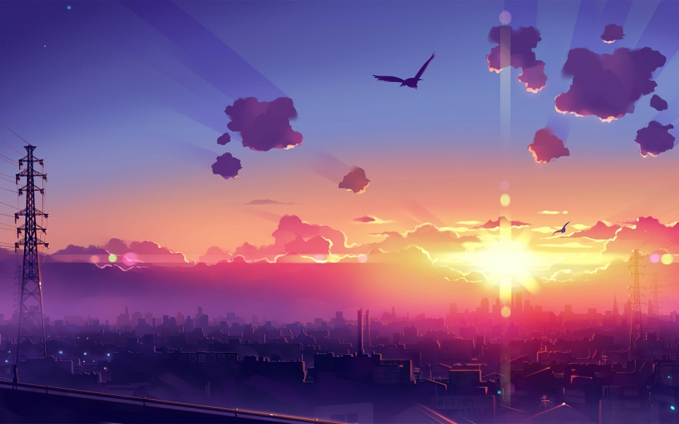 Download Anime Scenery at Sunset with Birds HD Wallpaper wallpaper