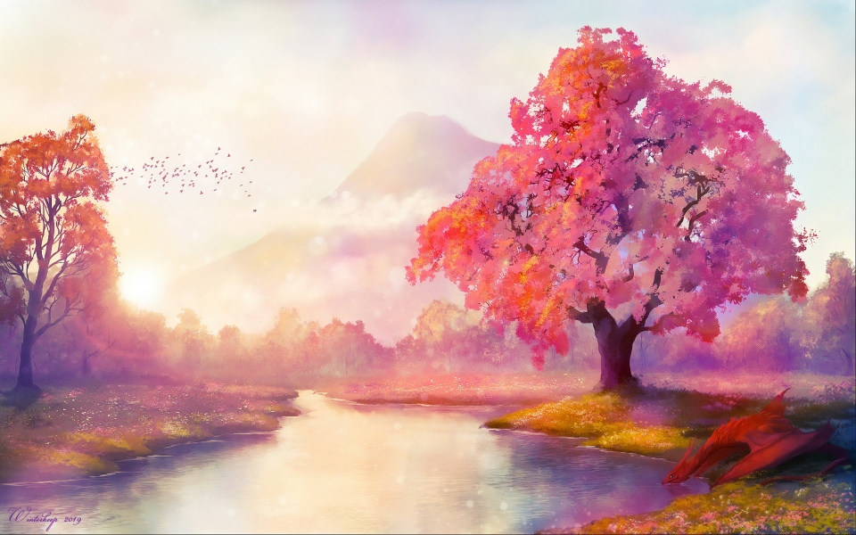 Download Fairy Land HD Wallpaper A Magical Digital Artwork Featuring a Tree and River wallpaper