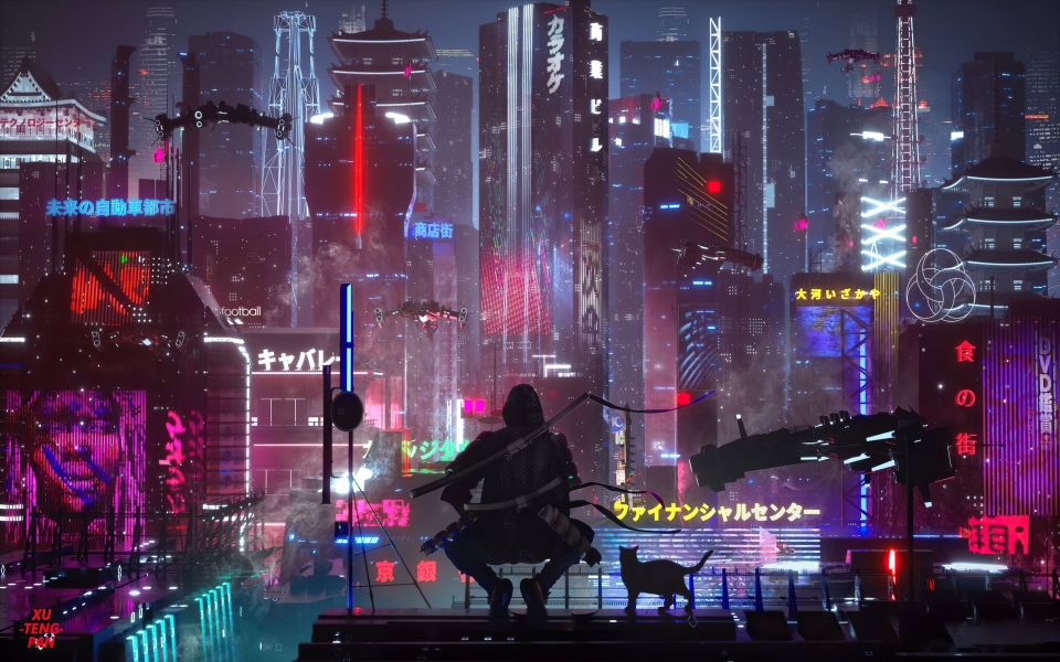 Download Futuristic City with Man and Cyberpunk Cat HD Wallpaper wallpaper