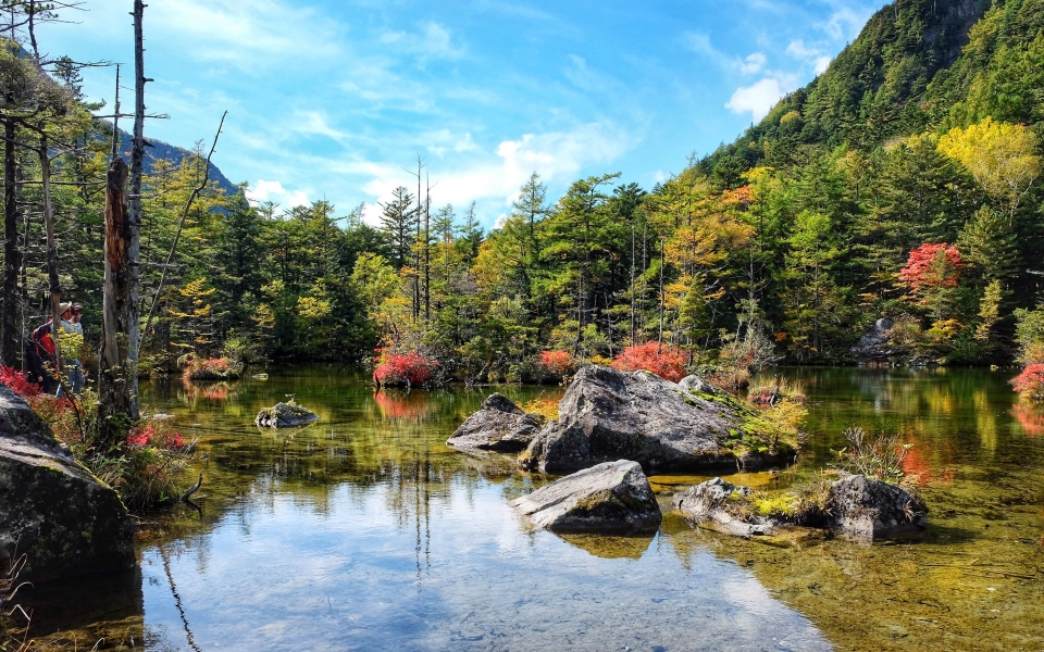 Download Japanese Autumn: A Serene View of the Mountains, Forest, and Lake - HD Wallpaper" wallpaper