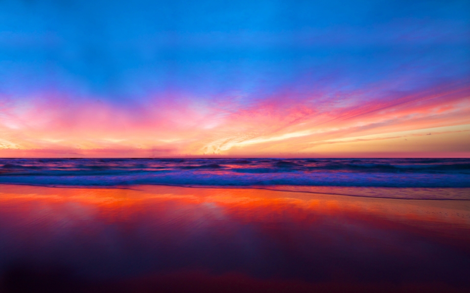 Download Ocean Beach Sunset Skyline Landscape HD Wallpaper wallpaper