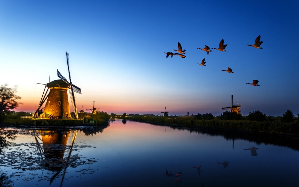 Download Peaceful Evening at the Lake with Windmill and Birds Flying Wallpaper Black Aesthetic Laptop wallpaper