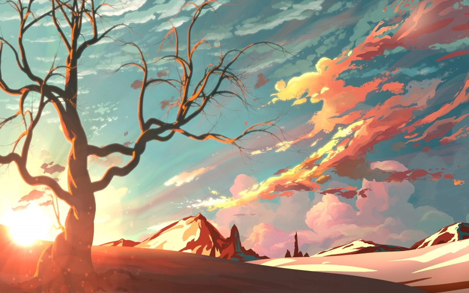 Download Red Sky Mountains and Trees Digital Art Painting HD Wallpaper wallpaper