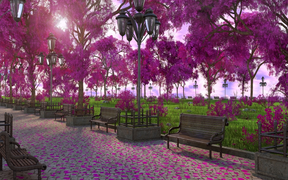 Download Serene 3D Park Bench Artwork with Blossom Trees and Lamps HD Wallpaper wallpaper
