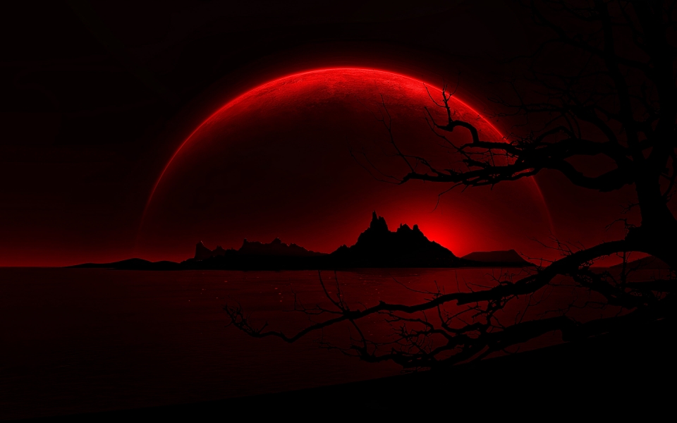 Download Silhouette of Mountains and Moon Red Landscape HD Wallpaper wallpaper