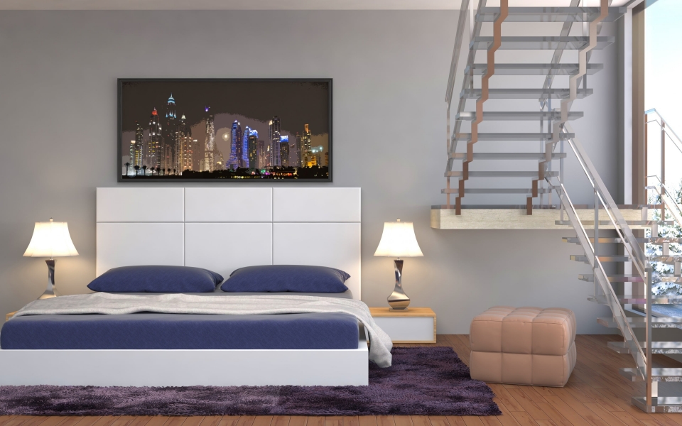 Download Sleep in Style with a Stunningly Modern Bedroom and Glass Staircase wallpaper