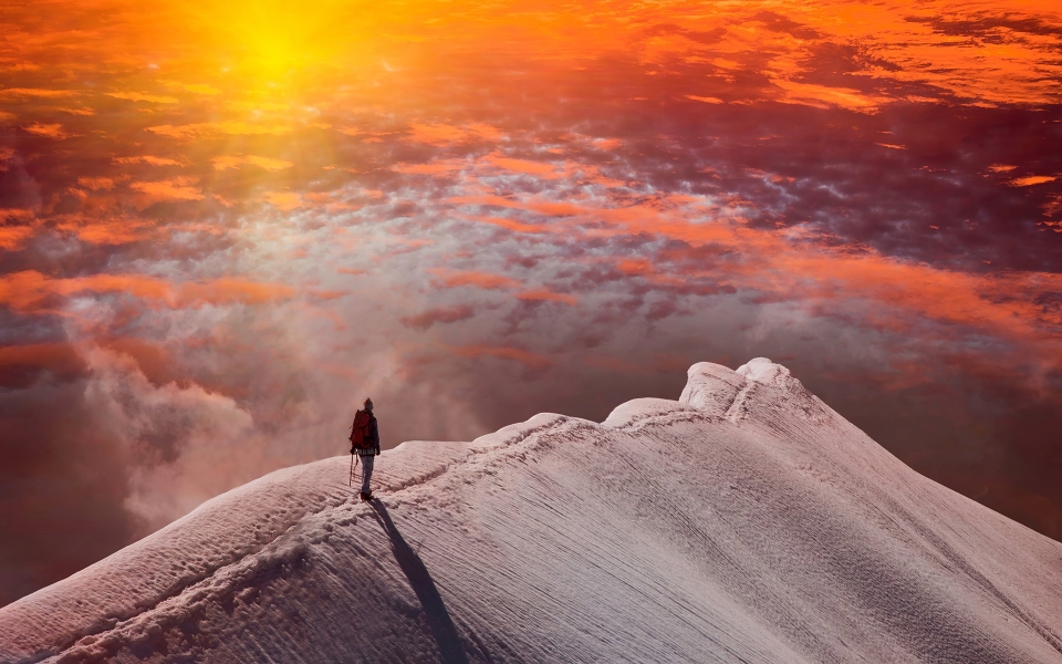 Download Standing Alone at Snowy Peak Mountain Sunset HD Nature Wallpaper wallpaper