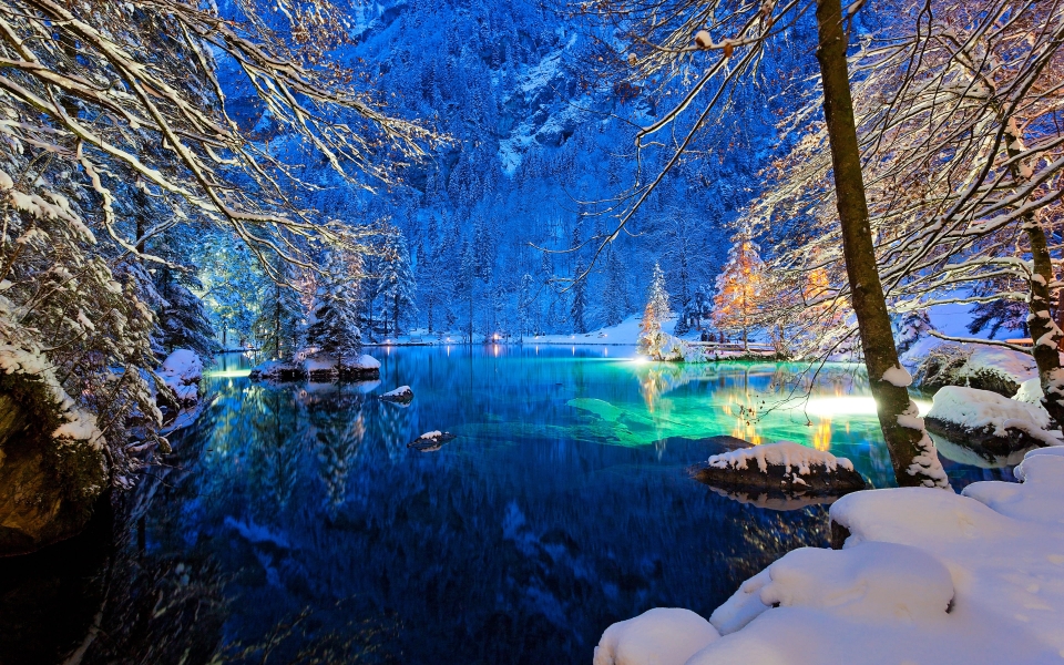 Download Winter Night at a Swiss Lake Wallpaper wallpaper
