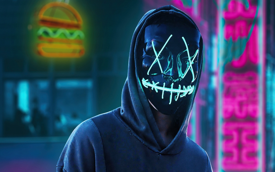 Download Add a Touch of Mystery to Your Screens with HD Wallpapers of the Black Mask Hoodie Boy in the City wallpaper