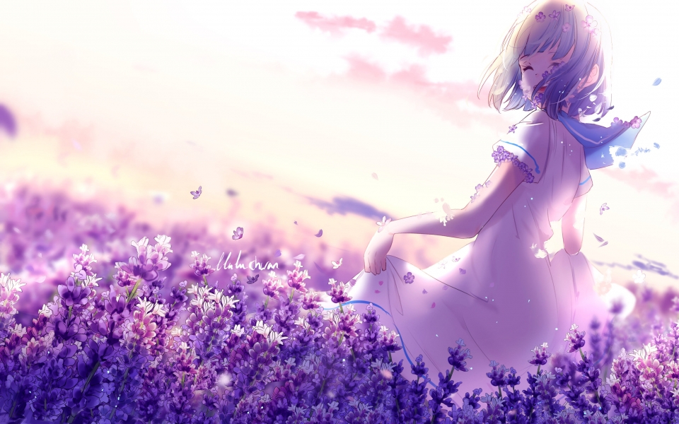 Download Anime Girl in Butterfly Dress and Flowers HD Wallpaper for anime lovers wallpaper