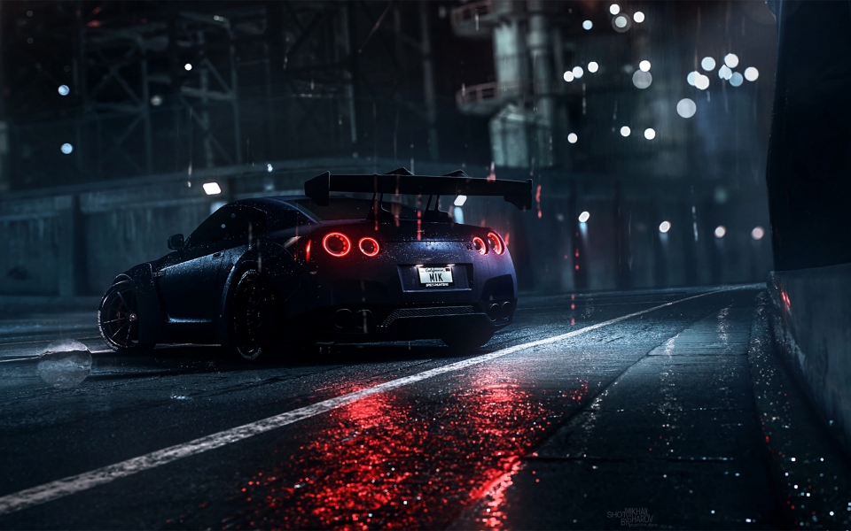 Download Black Nissan GT-R R35 at Night 2019 Supercar with Japanese Tuning HD Wallpaper wallpaper