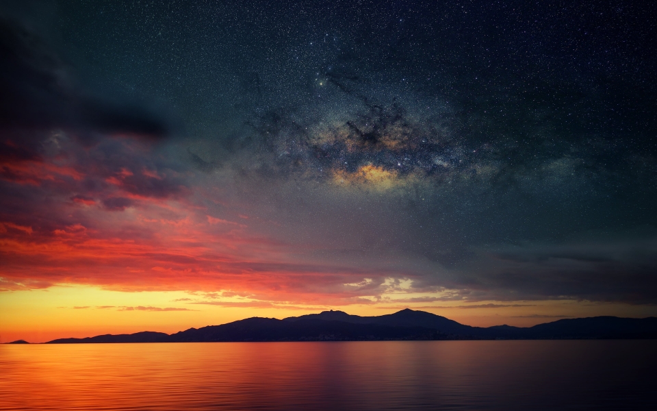 Download Galaxy Blended Landscape Mountains Sunset HD Wallpaper wallpaper
