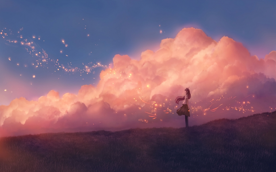 Download Magical Anime Landscape HD Wallpaper with Scenic Clouds and a Girl wallpaper