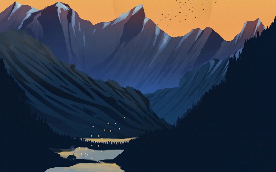 Download Minimalist Mountains Moon Lake and Birds Digital Art HD Wallpaper wallpaper