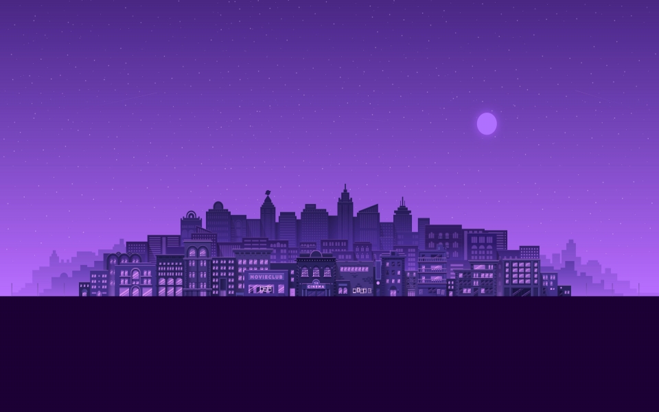 Download Purple Moon Stars Buildings City Minimal HD Wallpaper of Minimalist Cityscape Artwork wallpaper