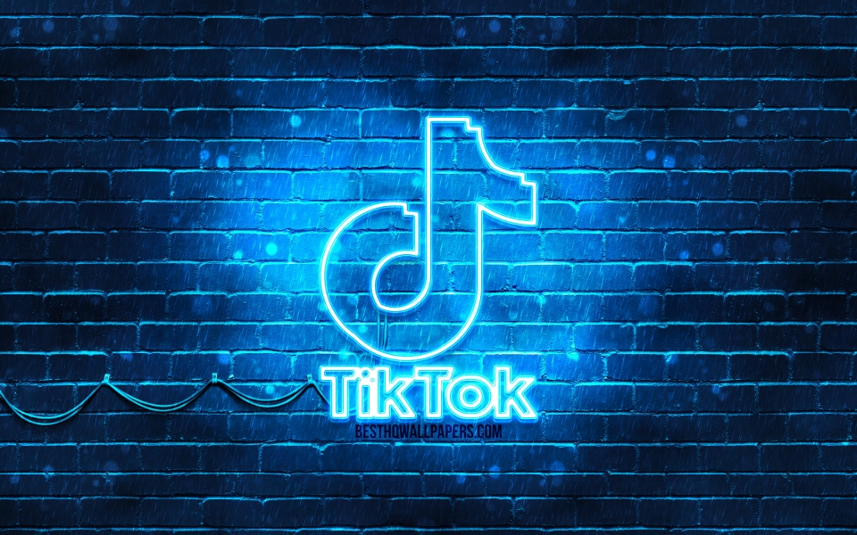 Download TikTok Blue Logo on Brick Wall HD Wallpaper Featuring Neon TikTok Logo wallpaper