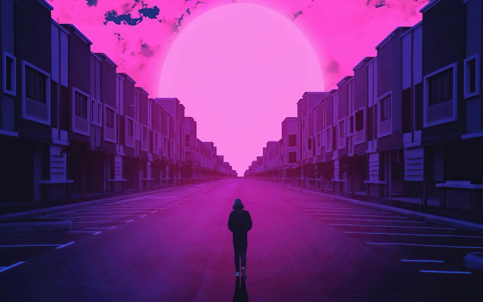 Download Vaporwave Man Walking Between Buildings on Road HD Wallpaper wallpaper