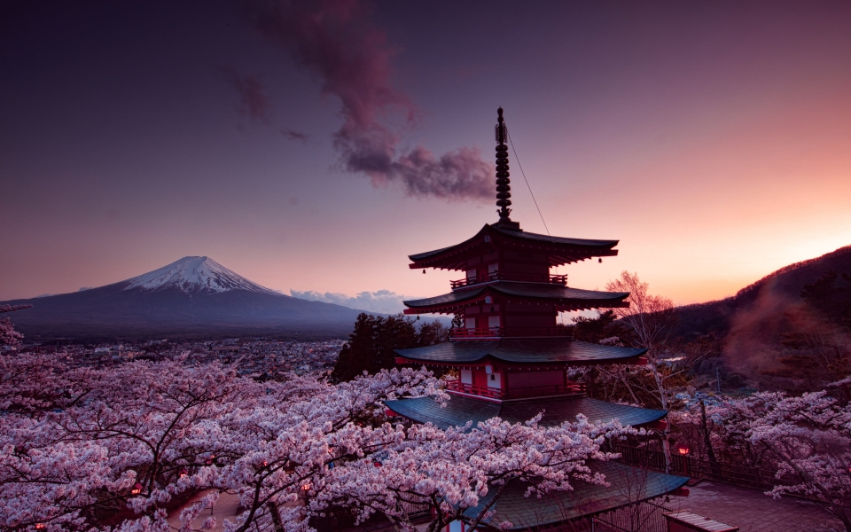 Download Witness the Beauty of Japan's Landmarks with HD Wallpapers of Churei Tower and Mount Fuji at Sunset wallpaper