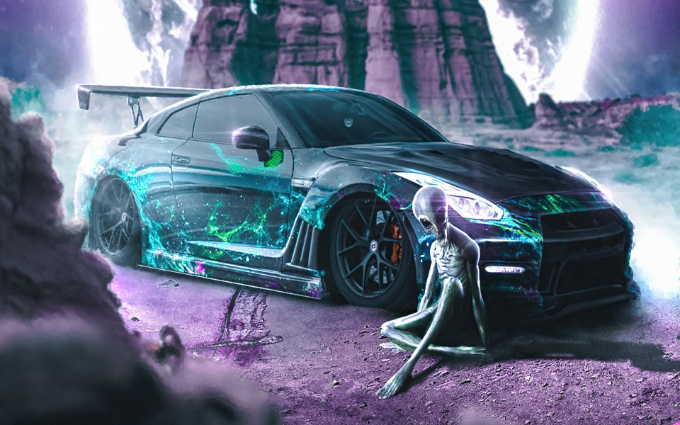 Download Alien Ride HD Wallpaper Featuring Futuristic Cars and Extraterrestrial Artwork wallpaper