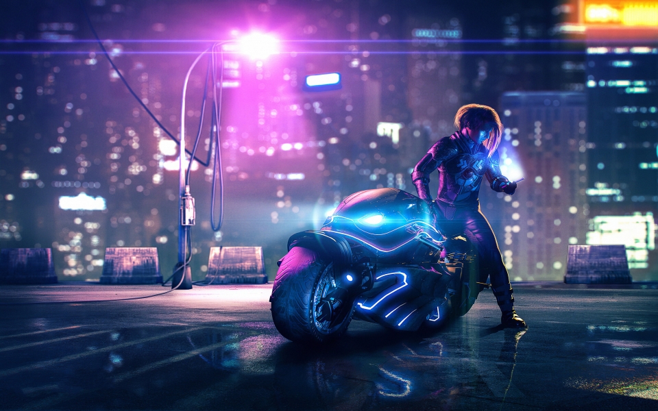 Download Cyberpunk Bike Street Light Artwork HD Wallpaper wallpaper