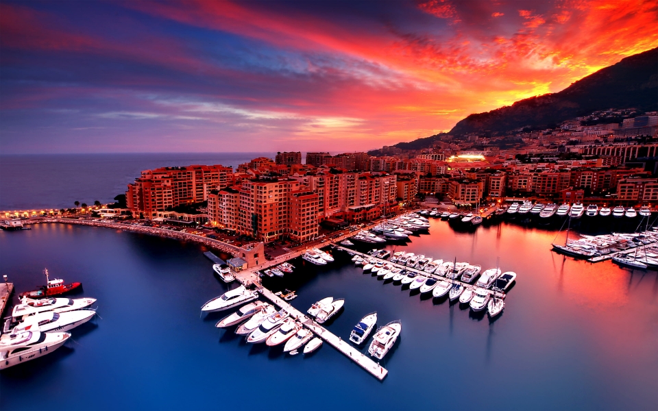 Download Monte-Carlo Sunset Captivating Harbor Panorama in Monaco HD Wallpaper wallpaper