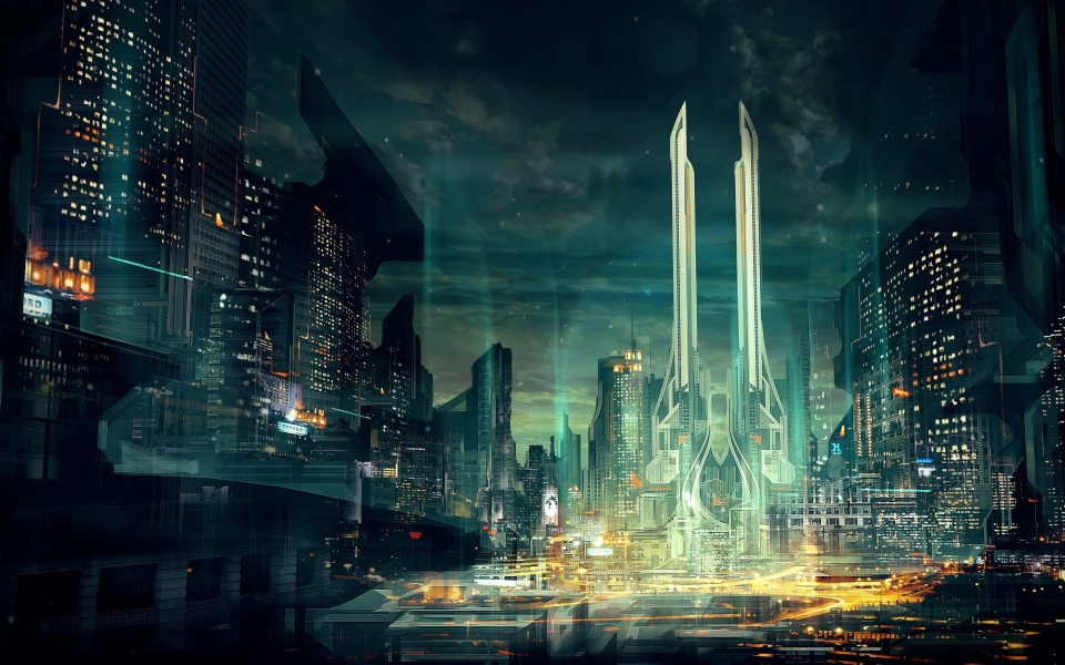 Download Nighttime Futuristic City Skyscrapers and Towers HD Wallpaper wallpaper