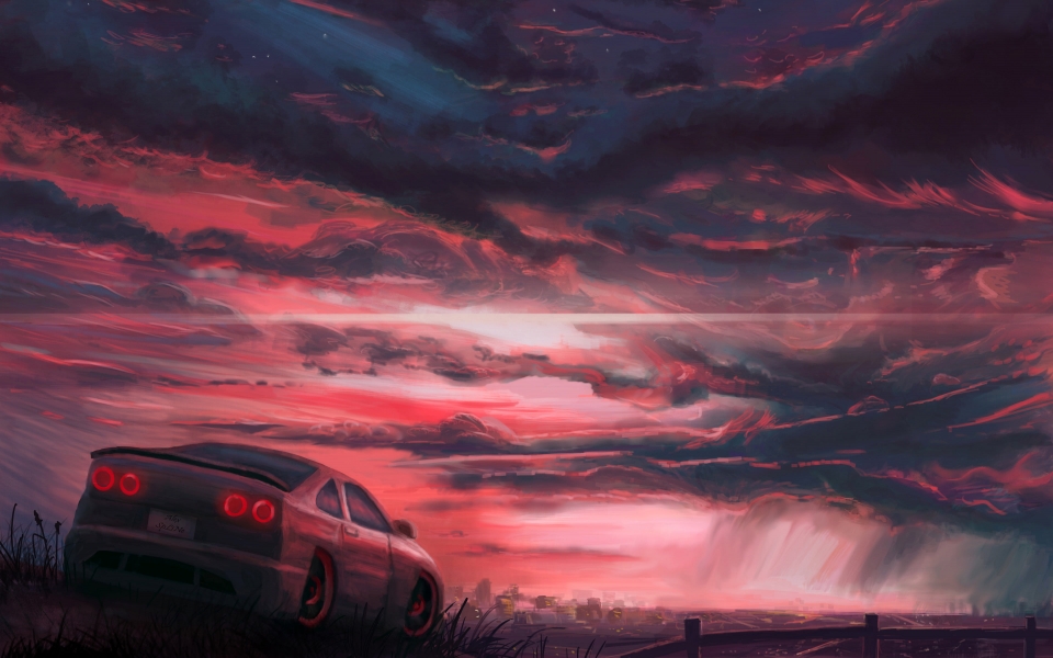 Download Rainy Sunset Car Ride Digital Art HD Wallpaper for macbook wallpaper