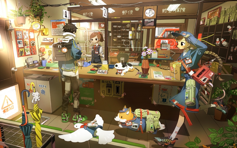 Download Anime Room A Cozy Post Office Scene with Charming Characters HD Wallpaper wallpaper