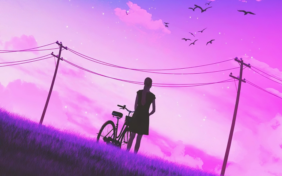 Download Ethereal Journey Girl on a Bicycle in Vaporwave Art wallpaper