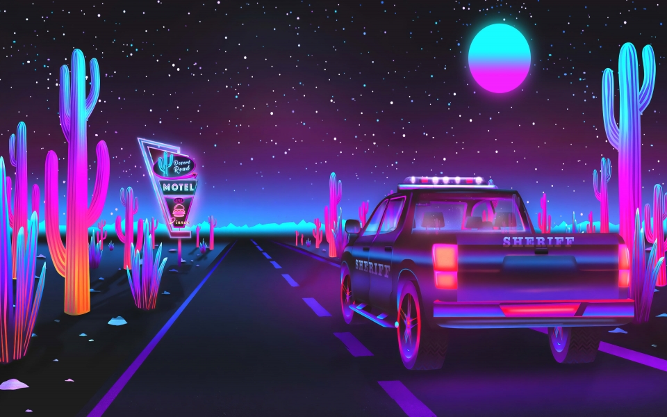 Download Sheriff Retro Road Retrowave Artwork Digital Art HD Wallpaper wallpaper