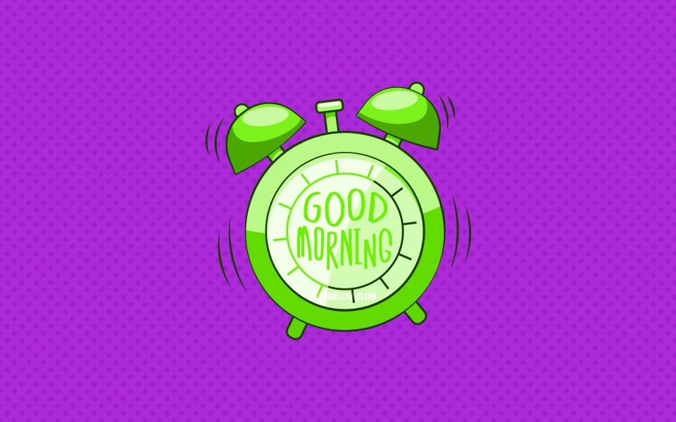 Download Time to Rise Good Morning with Green Alarm Clock on Violet Dotted Background HD Wallpaper wallpaper