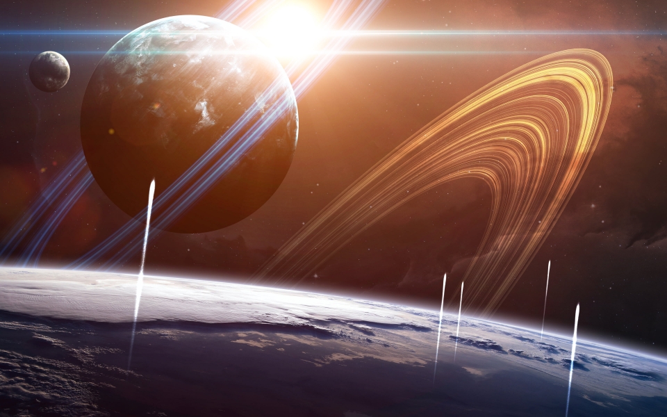 Download Galactic Adventure Planet Spaceships and Rings HD 4K Wallpaper wallpaper