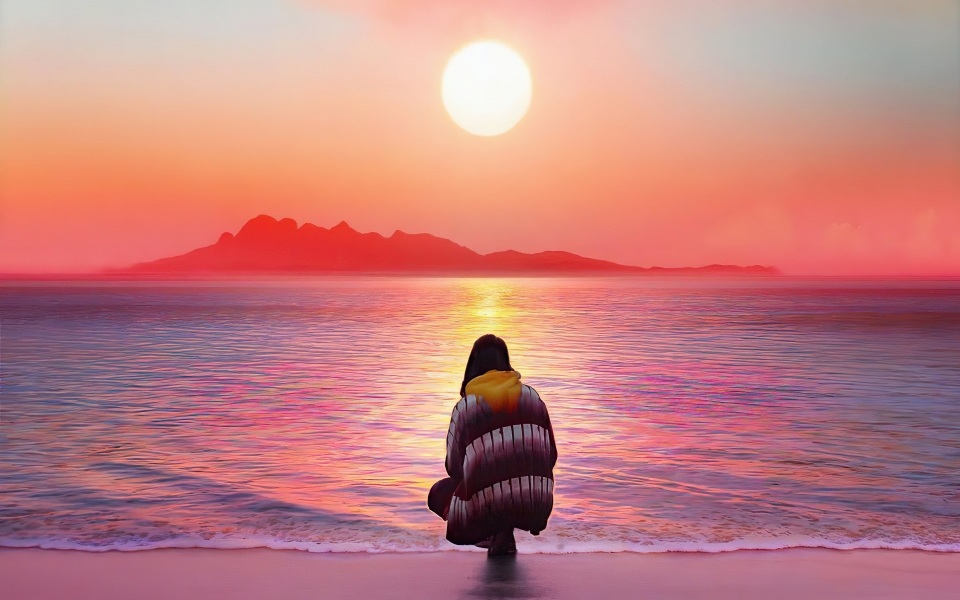 Download Watching the Sunset on the Beach Serene Digital Art HD Wallpaper wallpaper