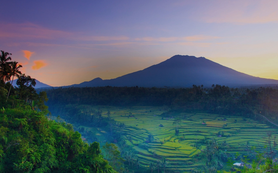 Download Breathtaking Bali Sunset Volcano Rice Fields and Benoa Skyline HD Wallpaper wallpaper