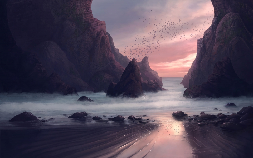 Download Horizon Art with Rocks and Birds HD 4K Wallpaper wallpaper