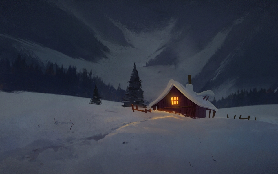 Download Night Snow Hut Artistic HD Wallpaper wallpaper