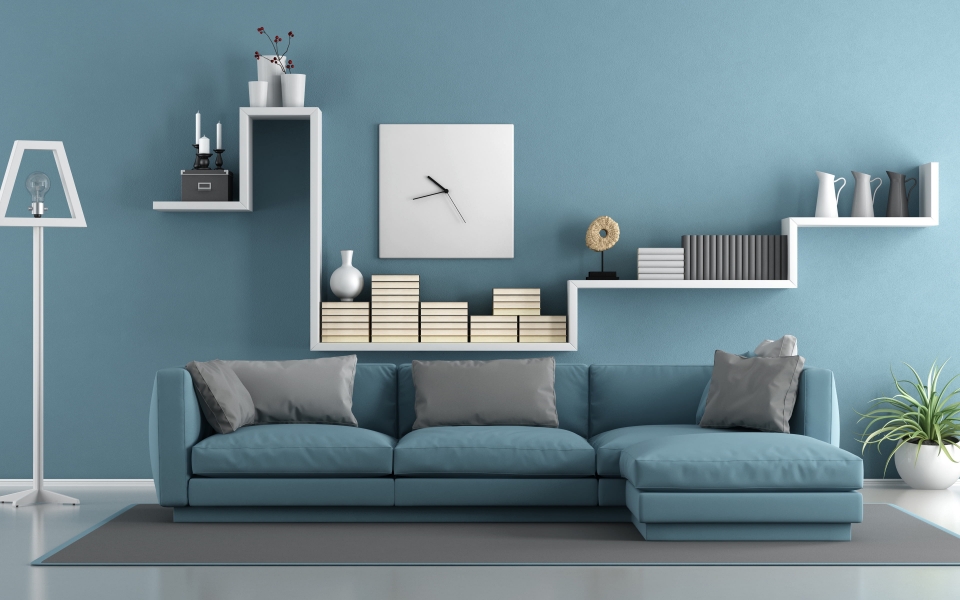 Download Blue Living Room Modern Interior with Ergonomic Floor Lamp 2024 HD Wallpaper wallpaper