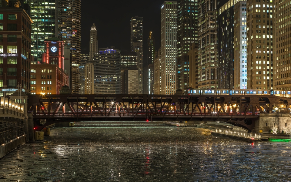 Download Chicago River Bridge Nightscapes of Chicago USA 2024 HD Wallpaper wallpaper