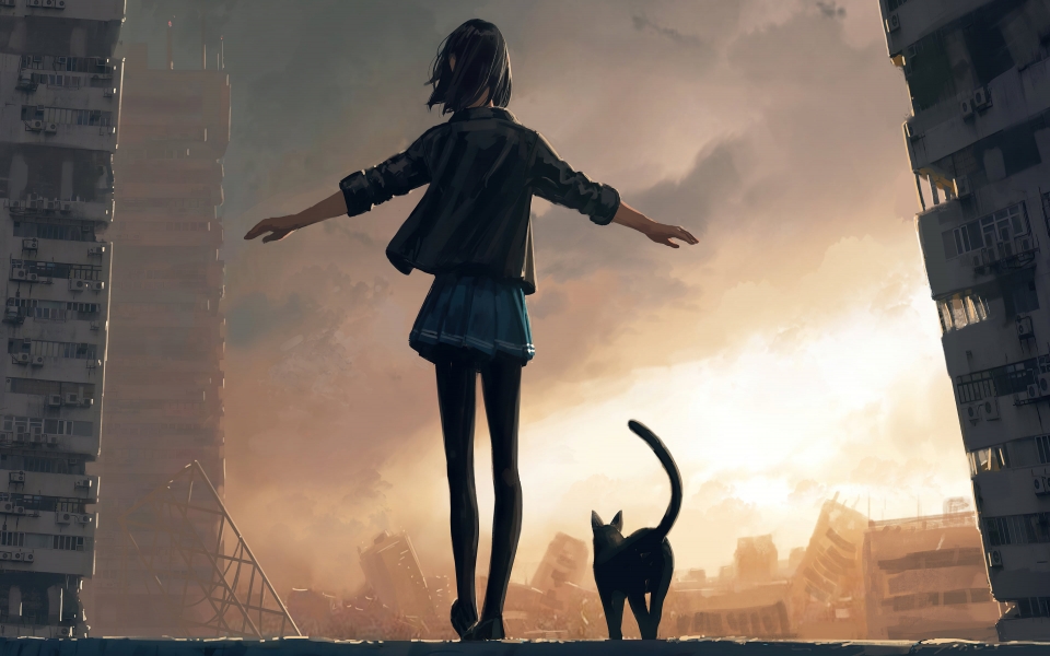 Download Girl Walking with Cat 2024 HD Wallpaper wallpaper