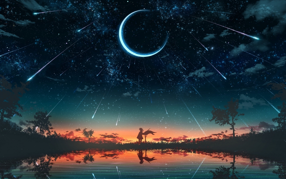 Download Crescent Night Anime Landscape HD Wallpaper To Download For iMacs iPads Tablets wallpaper